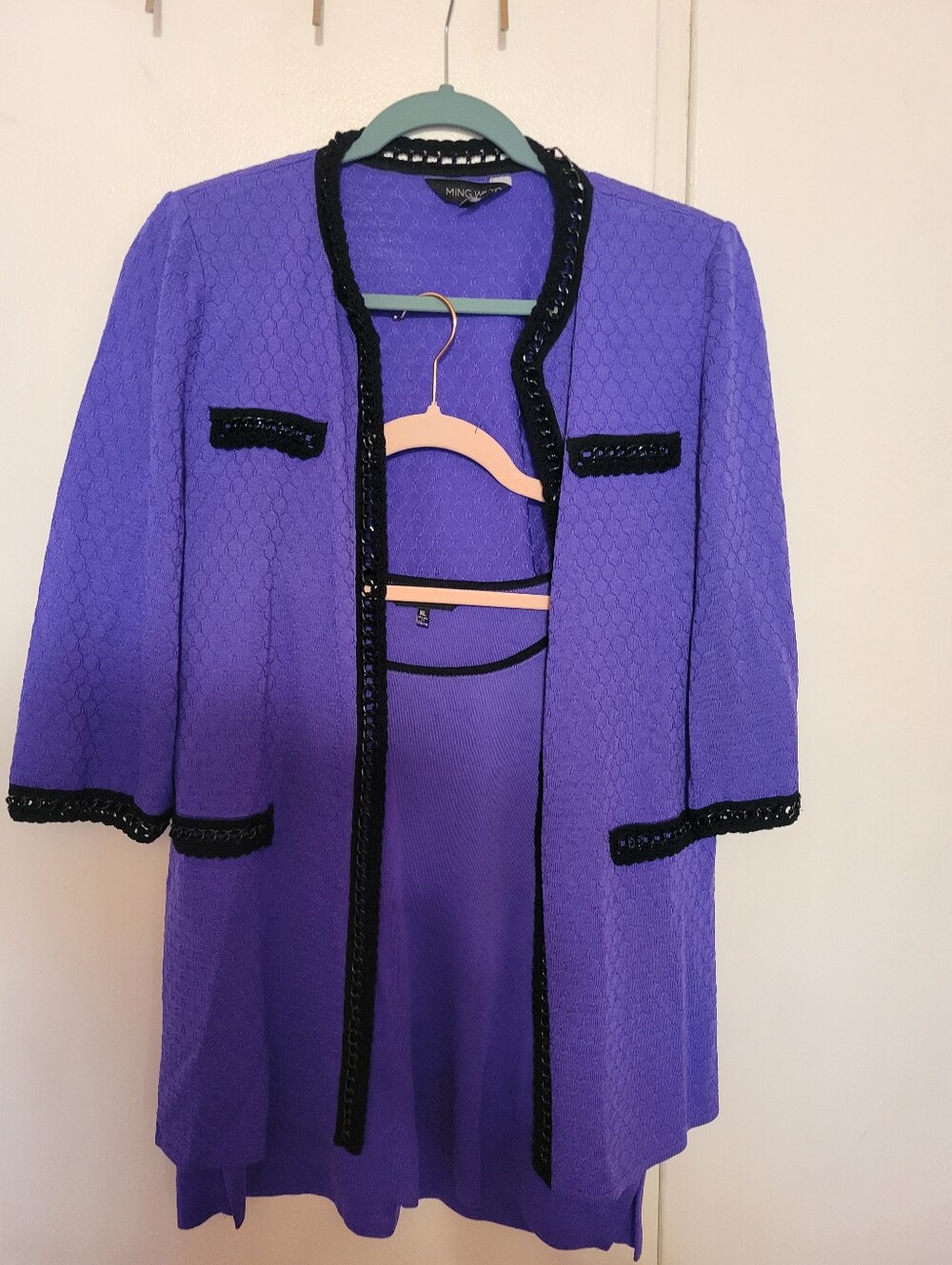 Ming Wang Vibrant Purple Open-Front Jacket with Black Trim With Matching Cami